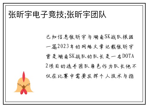 张昕宇电子竞技;张昕宇团队