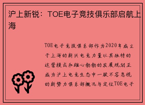 沪上新锐：TOE电子竞技俱乐部启航上海